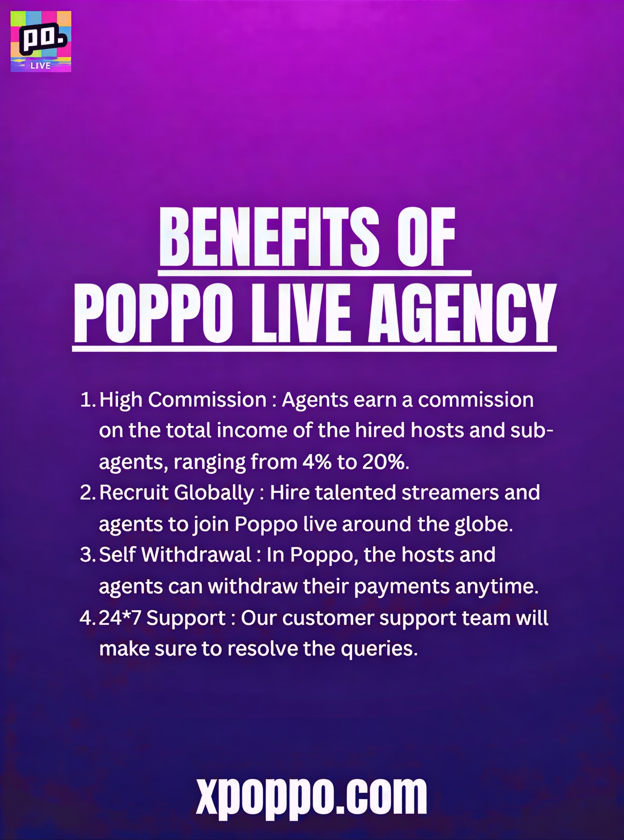 Bénéfices agence Poppo Live - Commissions 4-20%, recrutement mondial, retrait instantané, support 24/7